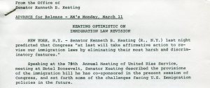 Keating Optimistic on Immigration Law Revision, 1963